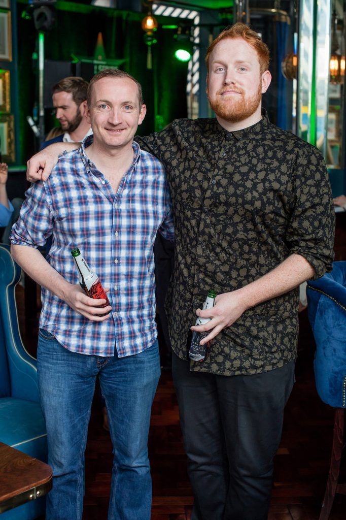 Jim Geraghty & Gavin James at the exclusive launch of the ‘Heineken Star Series’, a series of bespoke bottle designs created by Heineken in The Ivy, Parliament Street. (Photo by Anthony Woods)