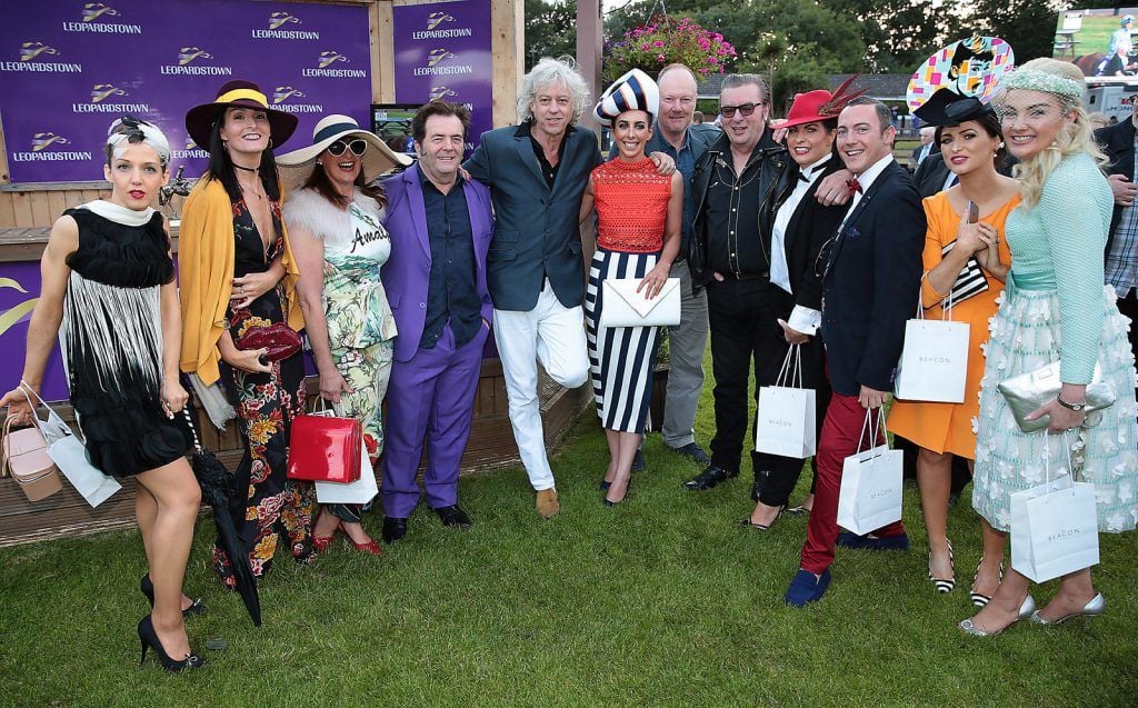 Bob Geldof  and members of The Boomtown Rats with finalists at the final of The Beacon Hotel's  Dare to be Different Best Dressed Competition at The Leopardstown Evening Race meeting. (Photo by Brian McEvoy)