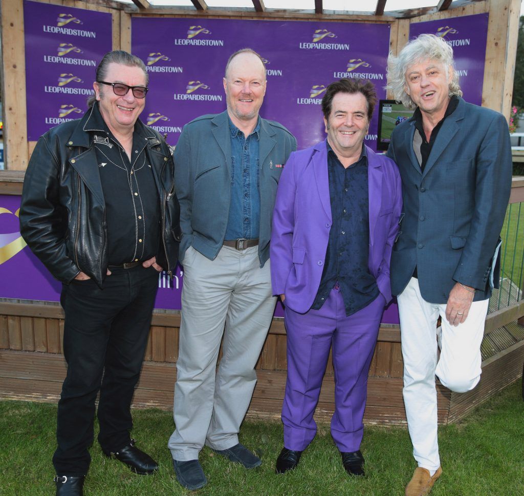 Boomtown Rats members Garry Roberts,Simon Crowe,Pete Briquette and Bob Geldof  pictured prior to performing at the final of The Beacon Hotel's  Dare to be Different Best Dressed Competition at The Leopardstown Evening Race meeting. (Photo by Brian McEvoy)