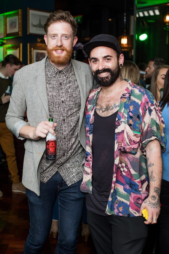 Seamus Clancy & Lee Stinton at the exclusive launch of the ‘Heineken Star Series’, a series of bespoke bottle designs created by Heineken in The Ivy, Parliament Street. (Photo by Anthony Woods)