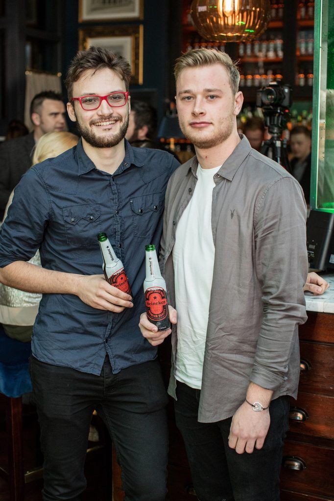 Jack Collen & Adam McIvor at the exclusive launch of the ‘Heineken Star Series’, a series of bespoke bottle designs created by Heineken in The Ivy, Parliament Street. (Photo by Anthony Woods)