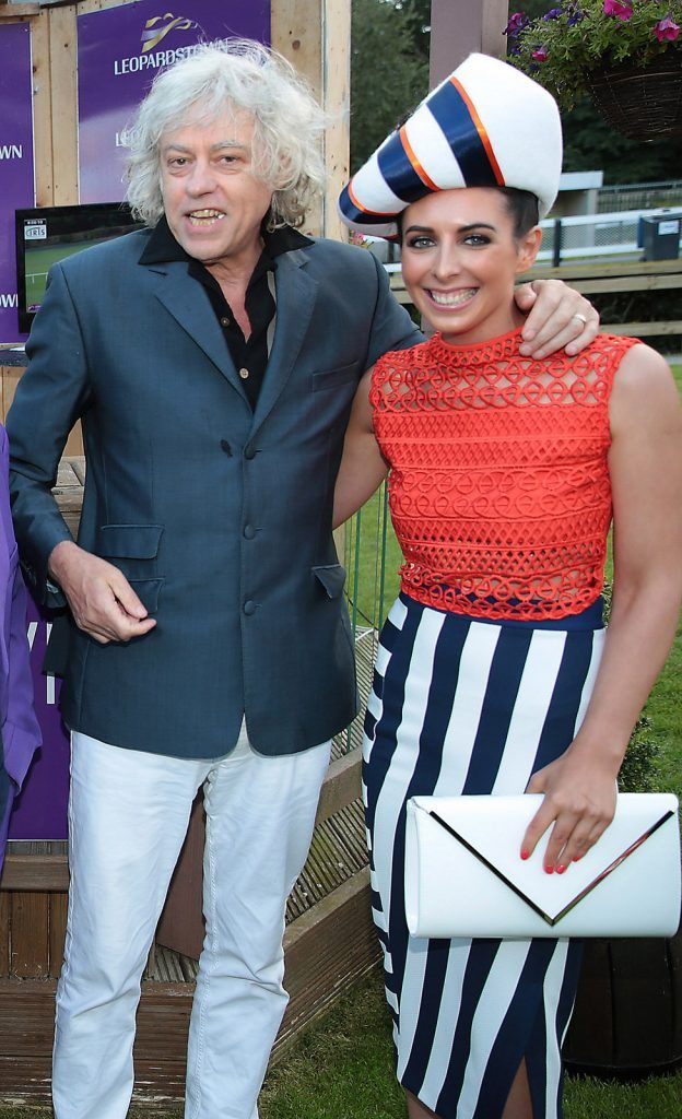 Bob Geldof congratulates winner of best dressed Bernadette Ni Chadhain from Galway at the final of The Beacon Hotel's  Dare to be Different Best Dressed Competition at The Leopardstown Evening Race meeting. (Photo by Brian McEvoy)