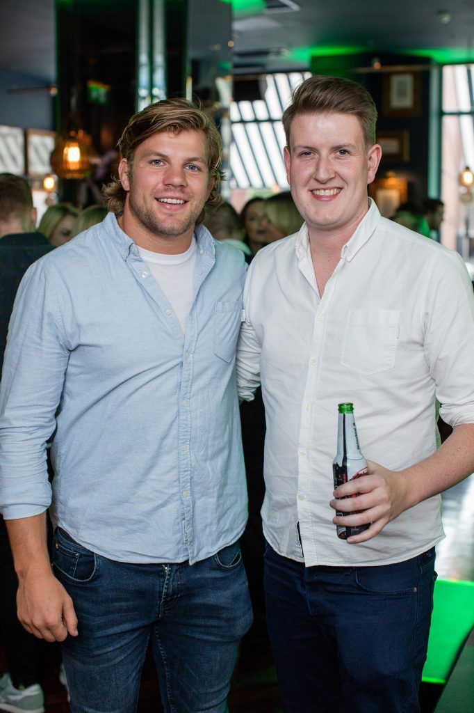 Jordi Murphy & Harrison O'Gorman at the exclusive launch of the ‘Heineken Star Series’, a series of bespoke bottle designs created by Heineken in The Ivy, Parliament Street. (Photo by Anthony Woods)