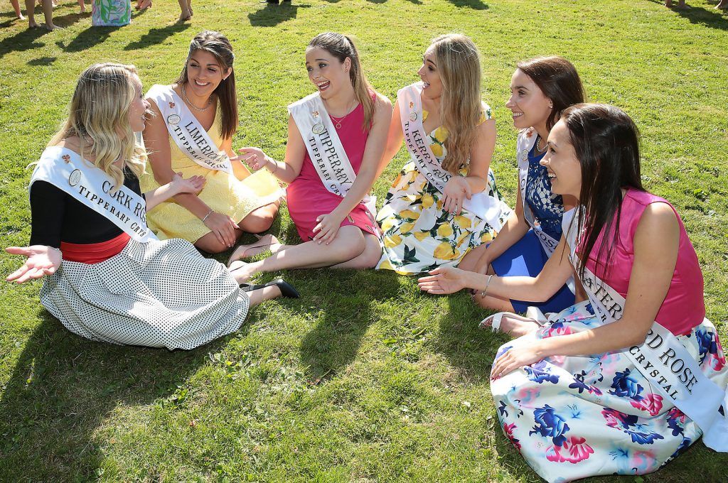 Roses Denise Collins -Cork, Marie Hennessy -Limerick,Fiona O Sulivan -Tipperary, Danielle O Sullivan -Kerry,Leah Kenny -Clare and Jenny Walsh -Waterford enjoy the sunshine  at the  RTÉ Rose of Tralee launch  at RTÉ Studios in Donnybrook Dublin before hitting the road to Tralee.
Picture Brian McEvoy.