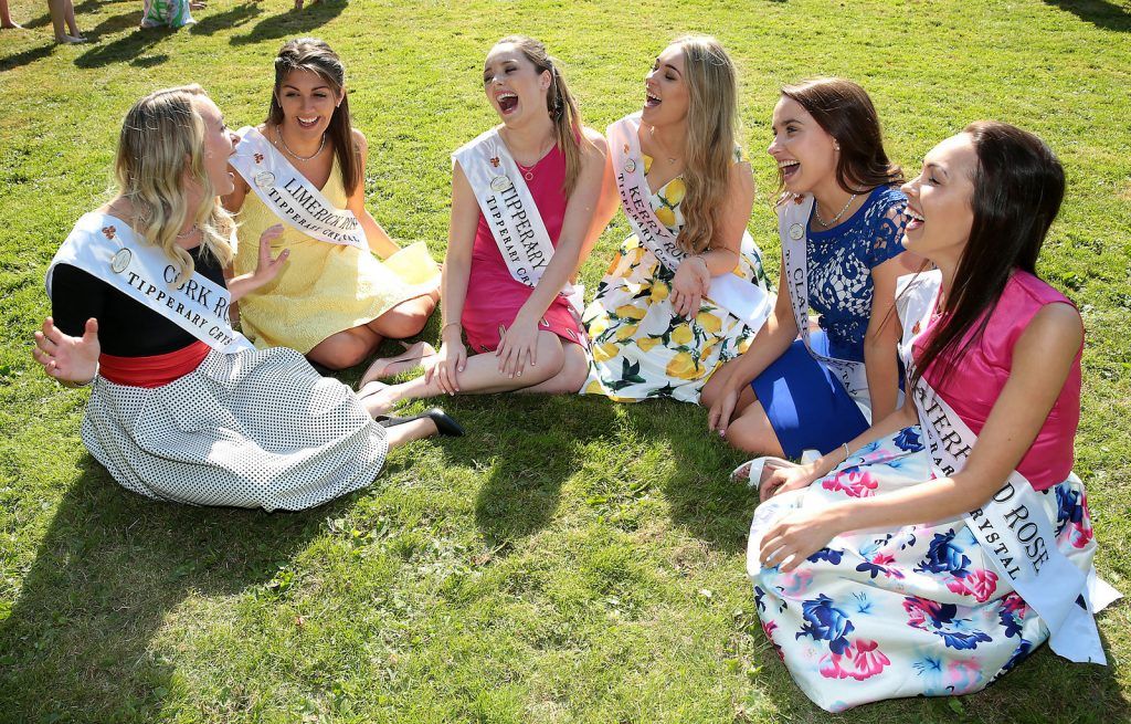 Roses Denise Collins -Cork, Marie Hennessy -Limerick,Fiona O Sulivan -Tipperary, Danielle O Sullivan -Kerry, Leah Kenny -Clare and Jenny Walsh - Waterford enjoy the sunshine  at the  RTÉ Rose of Tralee launch  at RTÉ Studios in Donnybrook Dublin before hitting the road to Tralee.
Picture Brian McEvoy.
