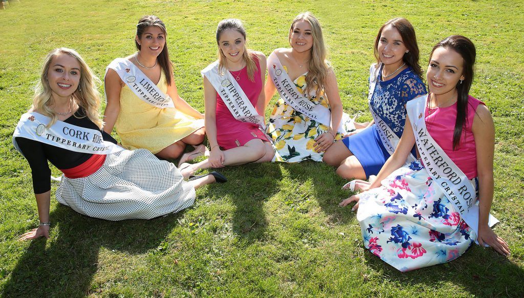 Roses,  Denise Collins -Cork, Marie Hennessy -Limerick,Fiona O Sulivan -Tipperary, Danielle O Sullivan -Kerry,Leah Kenny -Clare and Jenny Walsh -Waterford enjoy the sunshine  at the  RTÉ Rose of Tralee launch  at RTÉ Studios in Donnybrook Dublin before hitting the road to Tralee.
Picture Brian McEvoy.