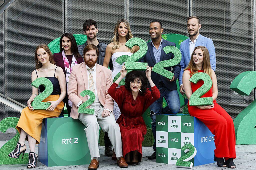 Bridget & Eamon are pictured with some of the RTÉ2 gang (from left) Louise O'Neill, Daraine Mulvihill, Eoghan McDermott, Vogue Williams, Kamal Ibrahim, Mateo Saina and Seana Kerslake pictured at the RTÉ Television New Season Launch at the Bord Gáis Energy Theatre. Picture Andres Poveda