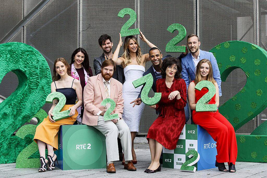 Bridget & Eamon are pictured with some of the RTÉ2 gang (from left) Louise O'Neill, Daraine Mulvihill, Eoghan McDermott, Vogue Williams, Kamal Ibrahim, Mateo Saina and Seana Kerslake pictured at the RTÉ Television New Season Launch at the Bord Gáis Energy Theatre. Picture Andres Poveda