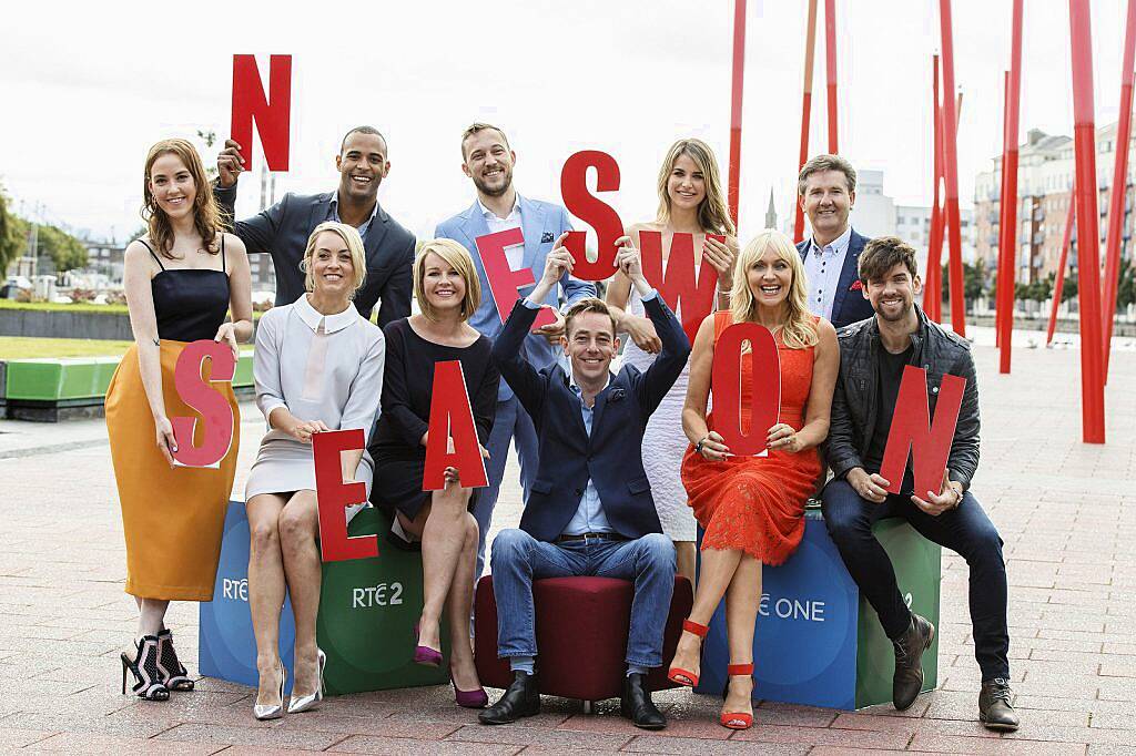 (back) Louise O'Neill, Kamal Ibrahim, Mateo Saina, Vogue Williams and Daniel O'Donnell (front) Kathryn Thomas, Claire Byrne, Ryan Tubridy, Miriam O'Callaghan and Eoghan McDermott pictured at the RTÉ Television New Season Launch at the Bord Gáis Energy Theatre. Picture Andres Poveda