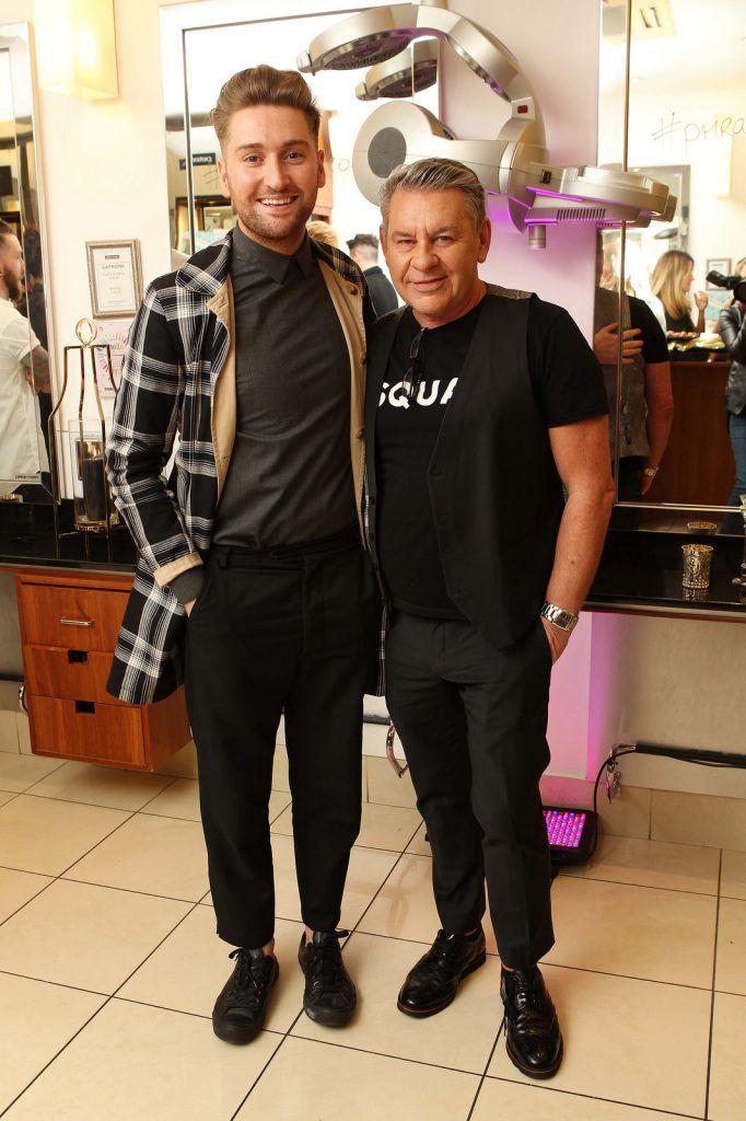 Snapchat star Rob Kenny with top Peter Mark stylist Michael Doyle pictured at the Peter Mark Rapture launch event in the Peter Mark Winthrop St. salon, Cork. Rapture are a new hair extension range to Ireland, exclusive to Peter Mark. 
Pic: Diane Cusack


