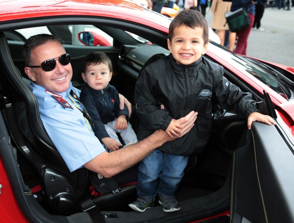 Greg Hayden with children Zac Hayden and Ethan Hayden at the start of the Cannonball Supercar 2016 event at Point Village Dublin. Proceeds from this year's Supercar spectacle will go to the Pieta House charity (Photo by Brian McEvoy).