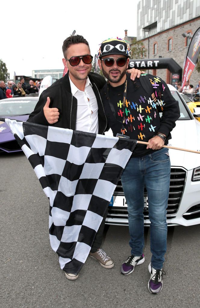 Bruno Langley and Ryan Thomas at the start of the Cannonball Supercar 2016 event at Point Village Dublin. Proceeds from this year's Supercar spectacle will go to the Pieta House charity (Photo by Brian McEvoy).