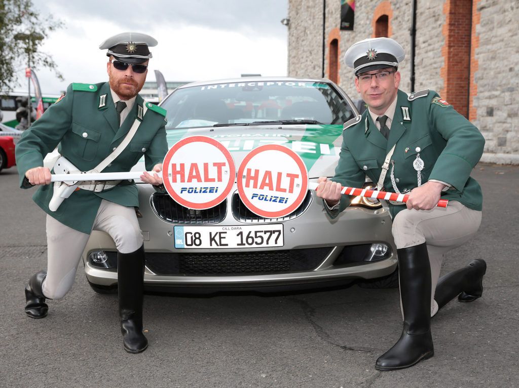 Hans and Jurgen of Polizei Squad at the start of the Cannonball Supercar 2016 event at Point Village Dublin. Proceeds from this year's Supercar spectacle will go to the Pieta House charity (Photo by Brian McEvoy).