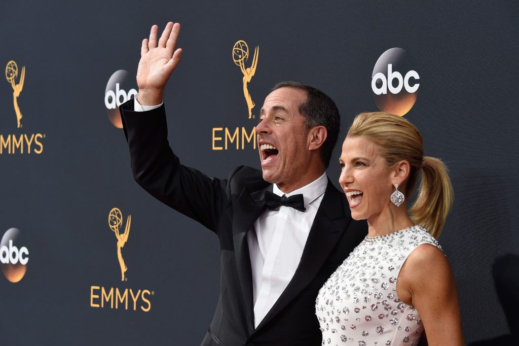Comedian Jerry Seinfeld (L) and Jessica Seinfeld attend the 68th Annual Primetime Emmy Awards at Microsoft Theater on September 18, 2016 in Los Angeles, California.  (Photo by Frazer Harrison/Getty Images)