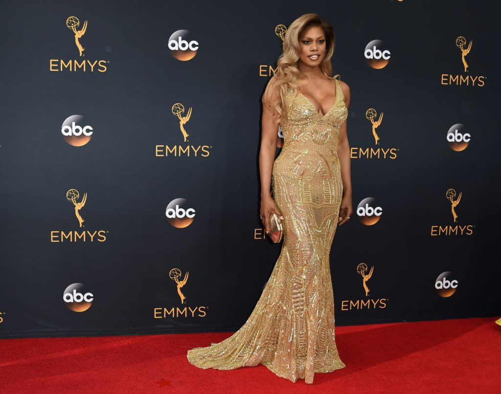 Laverne Cox arrives for the 68th Emmy Awards on September 18, 2016 at the Microsoft Theatre in Los Angeles.  / AFP / Robyn Beck        (Photo ROBYN BECK/AFP/Getty Images)