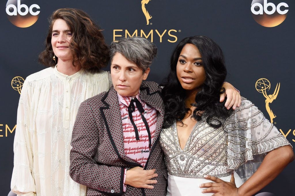 (L-R) Actress Gaby Hoffmann, writer/director Jill Soloway and actress Alexandra Grey attend the 68th Annual Primetime Emmy Awards at Microsoft Theater on September 18, 2016 in Los Angeles, California.  (Photo by Frazer Harrison/Getty Images)