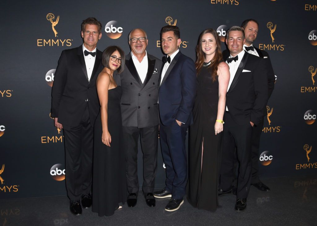 (L-R) Jeff Kolodny, Ellie Schiff, Paradigm Chairmain/CEO Sam Gores, Chris Licata, Marissa Fine, Doug Fronk, and Jason Cunningham attend the 68th Annual Primetime Emmy Awards at Microsoft Theater on September 18, 2016 in Los Angeles, California.  (Photo by Emma McIntyre/Getty Images)