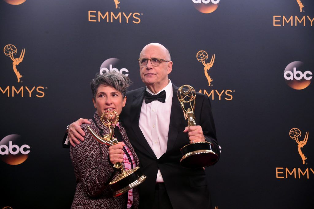Jill Soloway and actor Jeffrey Tambor, winner of Best Actor in a Comedy Series for 'Transparent', pose in the press room during the 68th Emmy Awards on September 18, 2016 at the Microsoft Theatre in downtown Los Angeles.  / AFP / FREDERIC J BROWN        (Photo FREDERIC J BROWN/AFP/Getty Images)