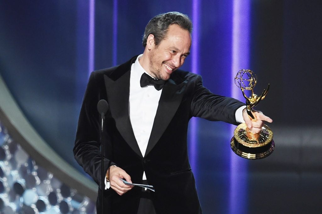 Writer D.V. DeVincentis accepts Outstanding Writing for a Limited Series, Movie, or Dramatic Special for 'The People v. O. J. Simpson: American Crime Story' episode 'Marcia, Marcia, Marcia' onstage during the 68th Annual Primetime Emmy Awards at Microsoft Theater on September 18, 2016 in Los Angeles, California.  (Photo by Kevin Winter/Getty Images)
