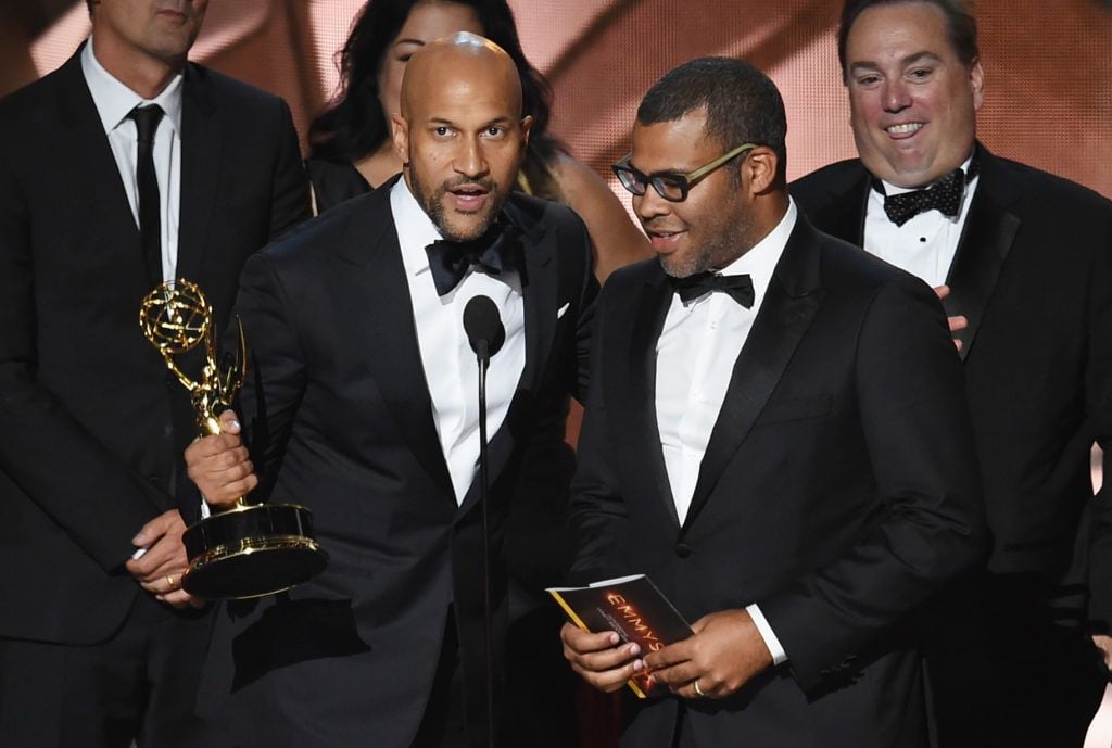 Actor/writers Keegan-Michael Key (L) and Jordan Peele accept Outstanding Variety Sketch Series for 'Key & Peele' onstage during the 68th Annual Primetime Emmy Awards at Microsoft Theater on September 18, 2016 in Los Angeles, California.  (Photo by Kevin Winter/Getty Images)