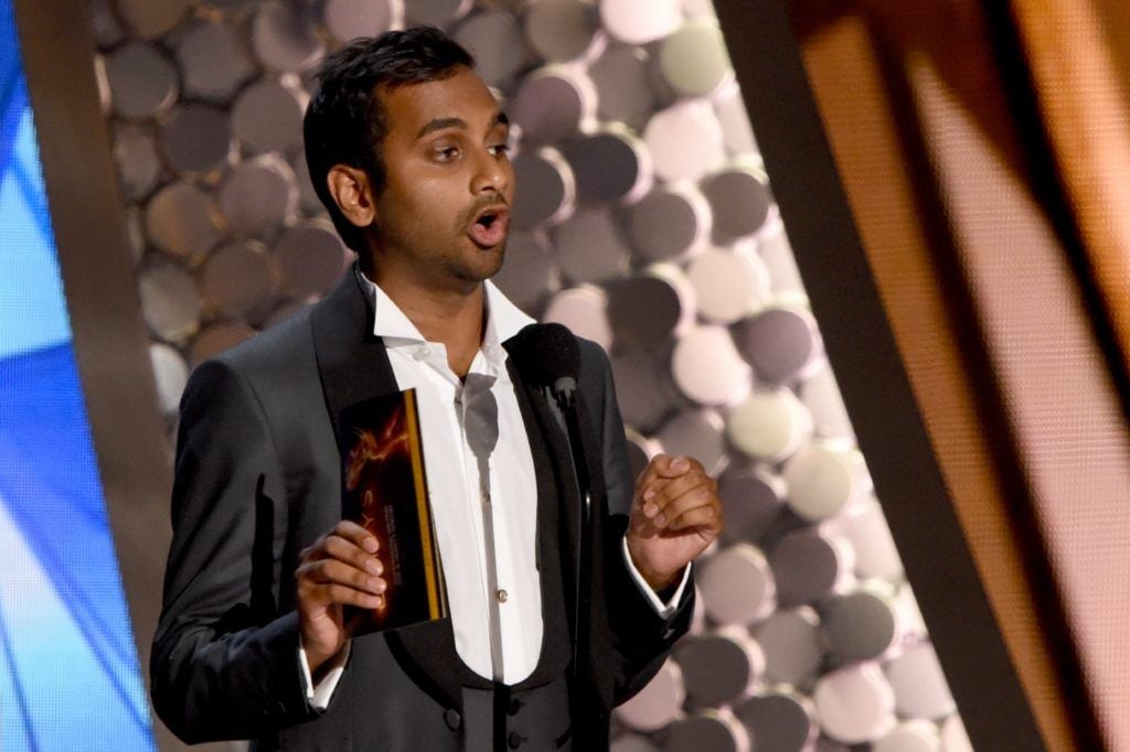 Actor/writer Aziz Ansari speaks onstage during the 68th Emmy Awards show on September 18, 2016 at the Microsoft Theatre in downtown Los Angeles.  / AFP / Valerie MACON        (Photo  VALERIE MACON/AFP/Getty Images)