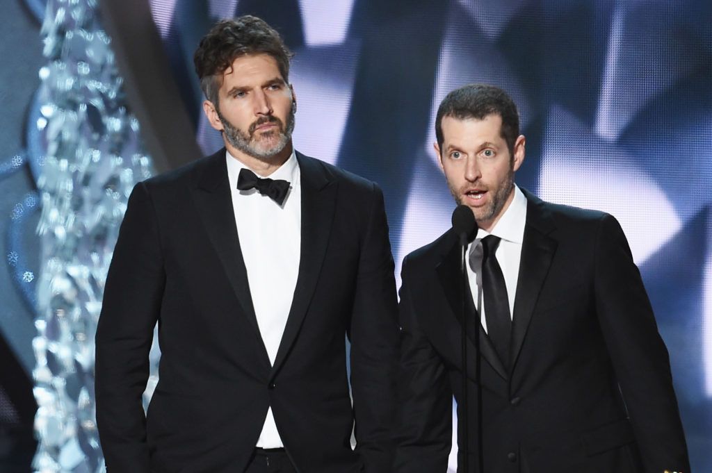 Writer/producers David Benioff (L) and D.B. Weiss accept Outstanding Writing for a Drama Series for 'Game of Thrones' episode 'Battle of the Bastards' onstage during the 68th Annual Primetime Emmy Awards at Microsoft Theater on September 18, 2016 in Los Angeles, California.  (Photo by Kevin Winter/Getty Images)