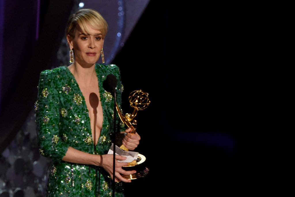 Actress Sarah Paulson accepts Outstanding Lead Actress in a Limited Series or Movie for 'The People v. O.J. Simpson: American Crime Story' onstage during the 68th Emmy Awards show on September 18, 2016 at the Microsoft Theatre in downtown Los Angeles.  / AFP / Valerie MACON        (Photo  VALERIE MACON/AFP/Getty Images)