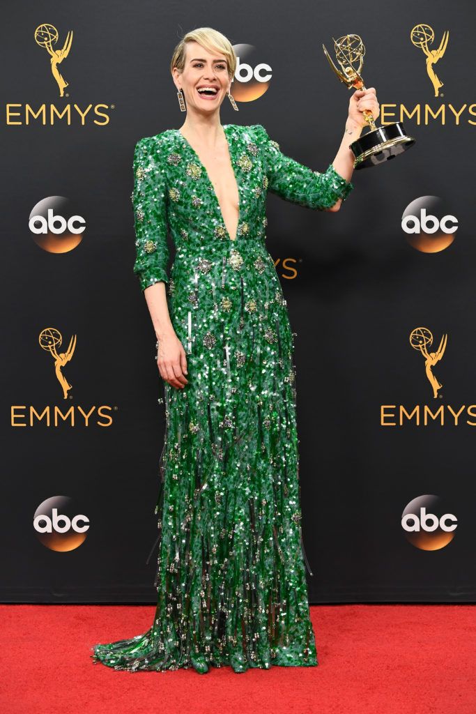 Actress Sarah Paulson, winner of Best Actress in a Mini-Series or Movie for The People v. O. J. Simpson: American Crime Story, poses in the press room during the 68th Annual Primetime Emmy Awards at Microsoft Theater on September 18, 2016 in Los Angeles, California.  (Photo by Frazer Harrison/Getty Images)