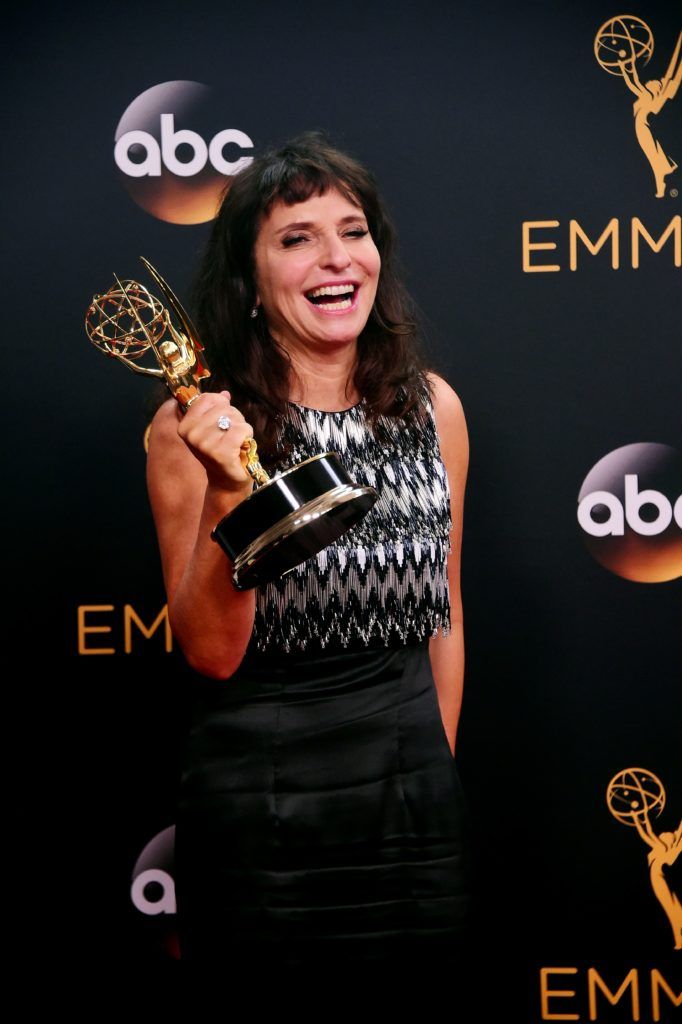 Director Susanne Bier, winner of the Outstanding Directing for a Limited Series, Movie or Dramatic Special award for 'The Night Manager,' poses in the press room during the 68th Emmy Awards on September 18, 2016 at the Microsoft Theatre in Los Angeles.  / AFP / FREDERIC J BROWN        (Photo FREDERIC J BROWN/AFP/Getty Images)