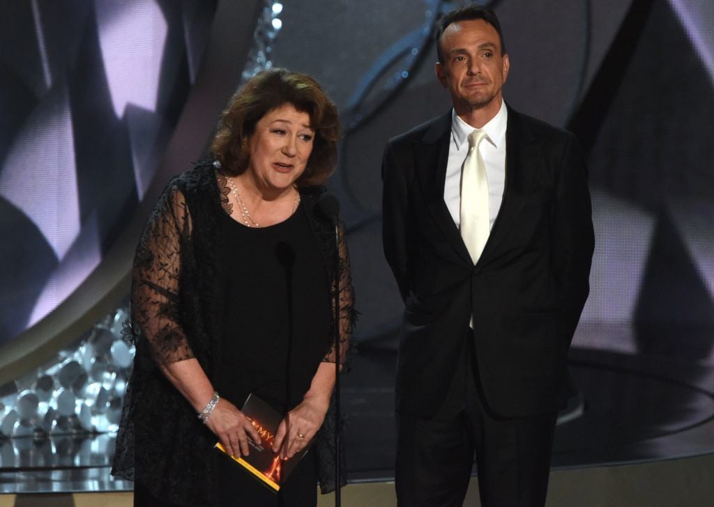 Actors Margo Martindale and Hank Azaria speak onstage during the 68th Emmy Awards show on September 18, 2016 at the Microsoft Theatre in downtown Los Angeles.  / AFP / Valerie MACON        (Photo  VALERIE MACON/AFP/Getty Images)