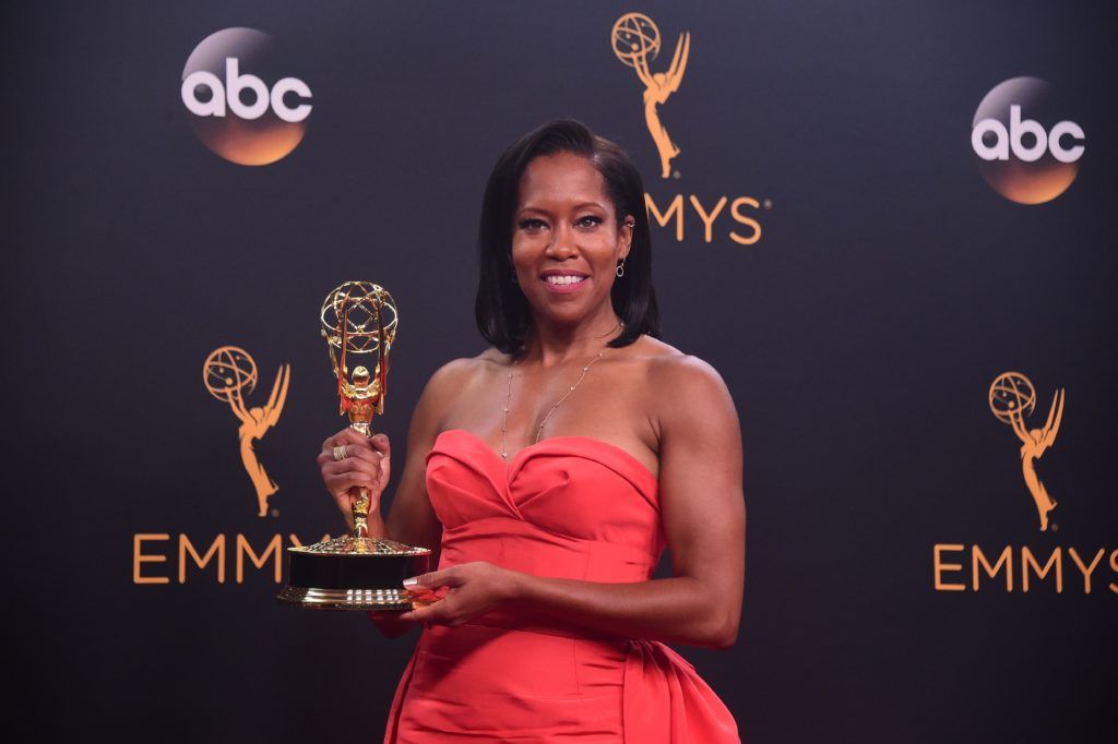 Actress Regina King poses with the Emmy for Oustanding Supporting Actress in a Limited Series or Movie for 'American Crime,' in the press room during the 68th Emmy Awards on September 18, 2016 at the Microsoft Theatre in Los Angeles.  / AFP / FREDERIC J BROWN        (Photo FREDERIC J BROWN/AFP/Getty Images)