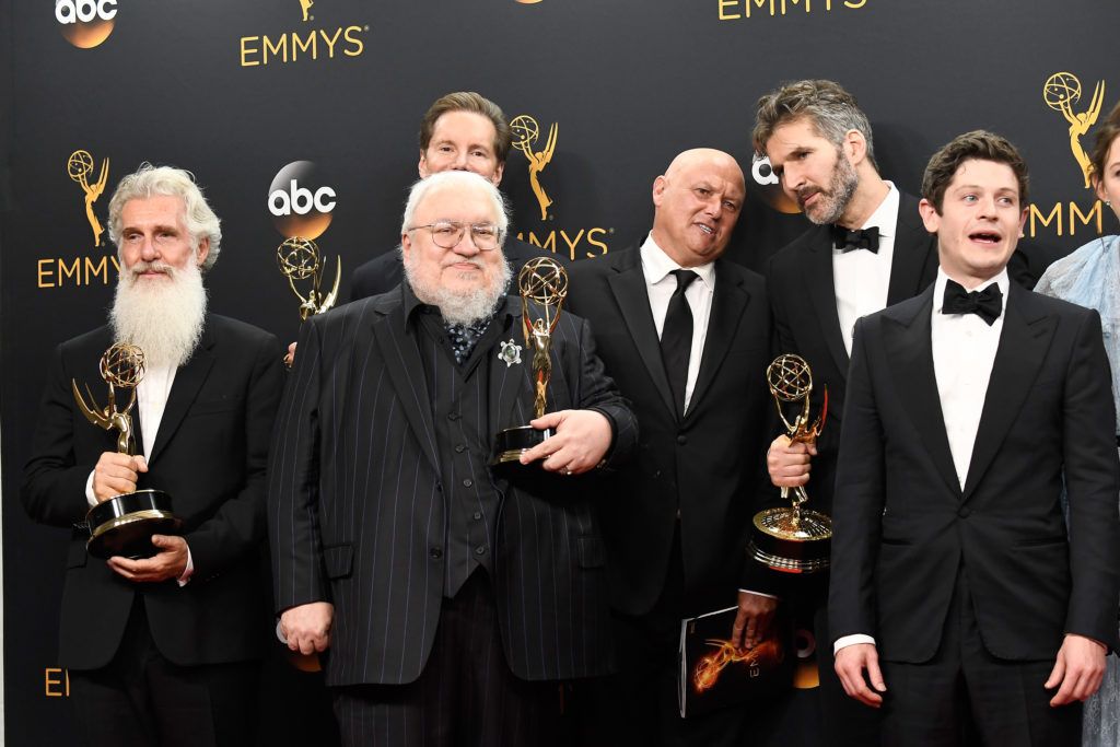 (L-R) Producer Chris Newman, author George R. R. Martin, actor Conleth Hill, producer David Benioff and actor Iwan Rheon, winners of Best Drama Series for "Game of Thrones", pose in the press room during the 68th Annual Primetime Emmy Awards at Microsoft Theater on September 18, 2016 in Los Angeles, California.  (Photo by Frazer Harrison/Getty Images)