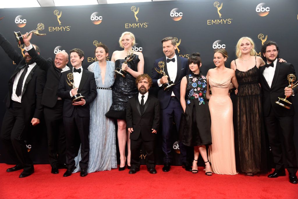 (L-R) Actors Rory McCann, Conleth Hill, Iwan Rheon, Gwendoline Christie, Peter Dinklage, Nikolaj Coster-Waldau, Maisie Williams, Emilia Clarke, Sophie Turner and Kit Harington, winners of Best Drama Series for "Game of Thrones", pose in the press room during the 68th Annual Primetime Emmy Awards at Microsoft Theater on September 18, 2016 in Los Angeles, California.  (Photo by Frazer Harrison/Getty Images)
