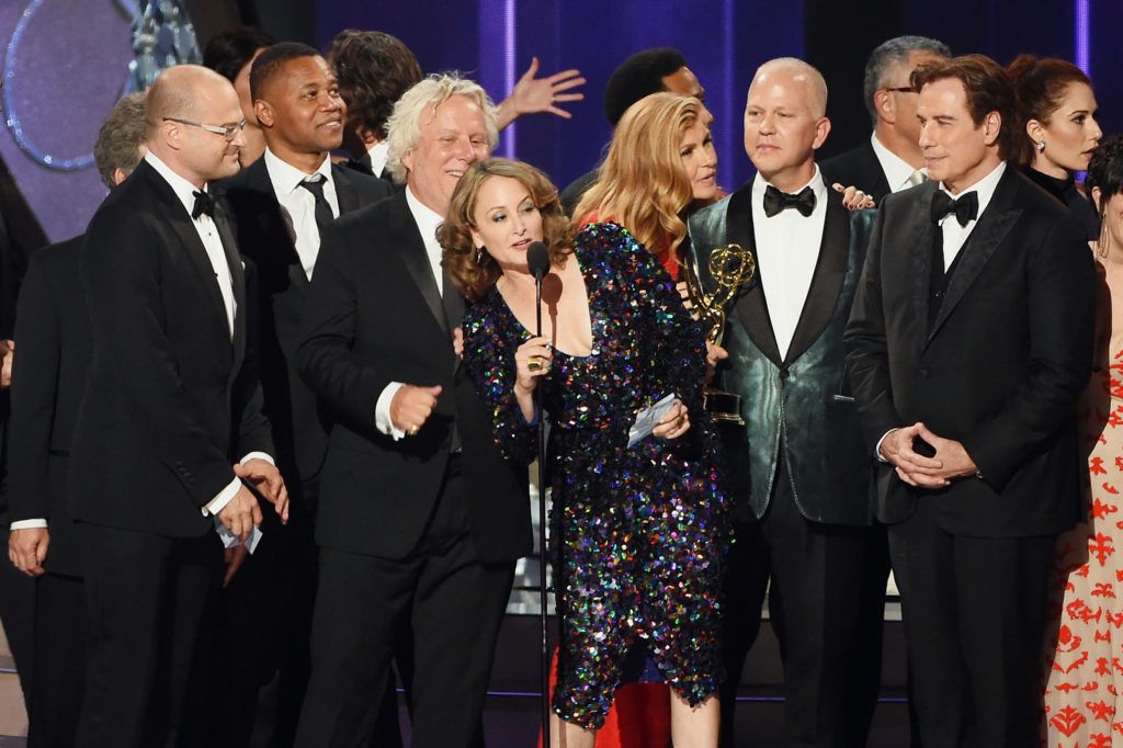  (L-R) Actor Cuba Gooding Jr., writer Larry Karaszewski, producer Nina Jacobson, writer/producer Ryan Murphy, actor John Travolta and production team accept Outstanding Limited Series for 'The People v. O.J. Simpson: American Crime Story'  onstage during the 68th Annual Primetime Emmy Awards at Microsoft Theater on September 18, 2016 in Los Angeles, California.  (Photo by Kevin Winter/Getty Images)