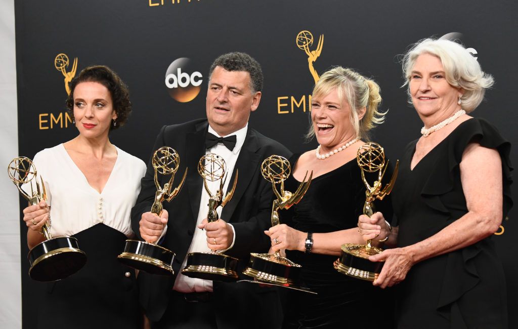 (L-R) Producer Steven Moffat, Sue Vertue and Rebecca Eaton, winners of Outstanding Television Movie for 'Sherlock: The Abominable Bride', pose in the press room during the 68th Annual Primetime Emmy Awards at Microsoft Theater on September 18, 2016 in Los Angeles, California.  (Photo by Frazer Harrison/Getty Images)