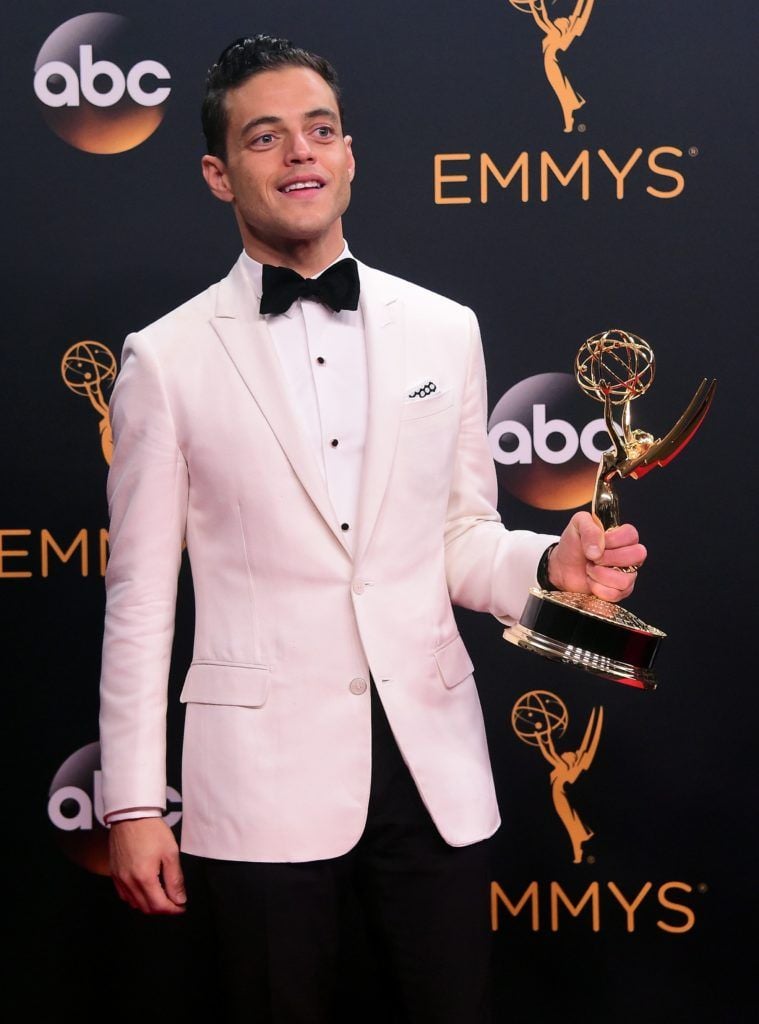 Actor Rami Malek poses with the Emmy for Outstanding Lead Actor in a Drama Series, in the press room during the 68th Emmy Awards on September 18, 2016 at the Microsoft Theatre in Los Angeles.  / AFP / FREDERIC J BROWN        (Photo FREDERIC J BROWN/AFP/Getty Images)
