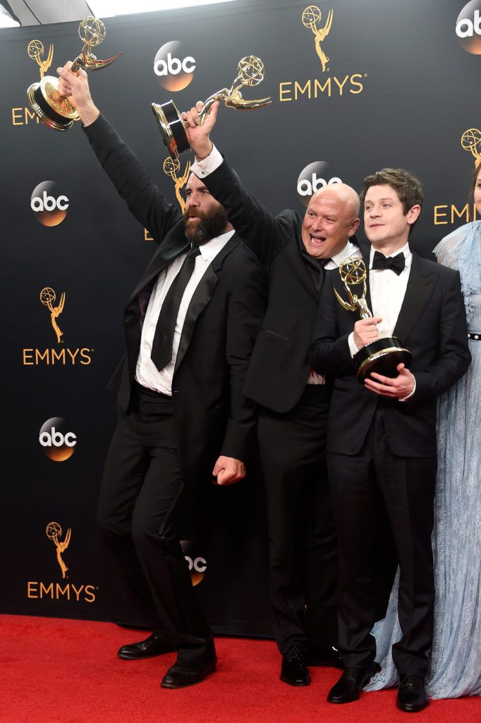  (L-R) Actors Rory McCann, Conleth Hill and Iwan Rheon, winners of Best Drama Series for "Game of Thrones", pose in the press room during the 68th Annual Primetime Emmy Awards at Microsoft Theater on September 18, 2016 in Los Angeles, California.  (Photo by Frazer Harrison/Getty Images)