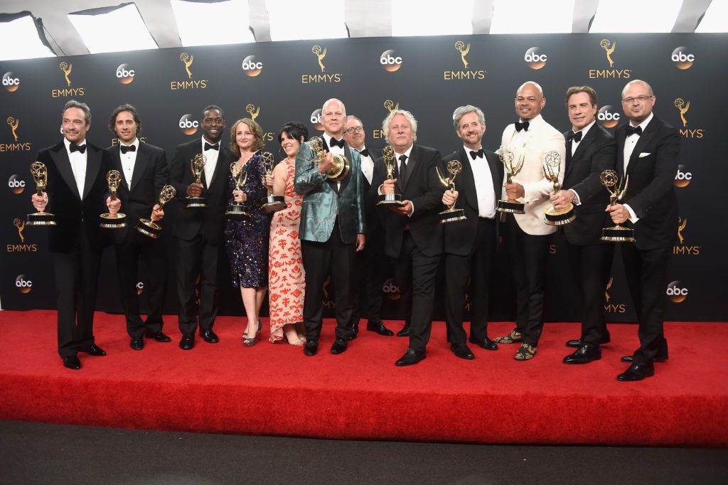 Writing-producing team for The People v. O. J. Simpson: American Crime Story, winners of Best Mini-Series or Movie, pose in the press room during the 68th Annual Primetime Emmy Awards at Microsoft Theater on September 18, 2016 in Los Angeles, California.  (Photo by Frazer Harrison/Getty Images)