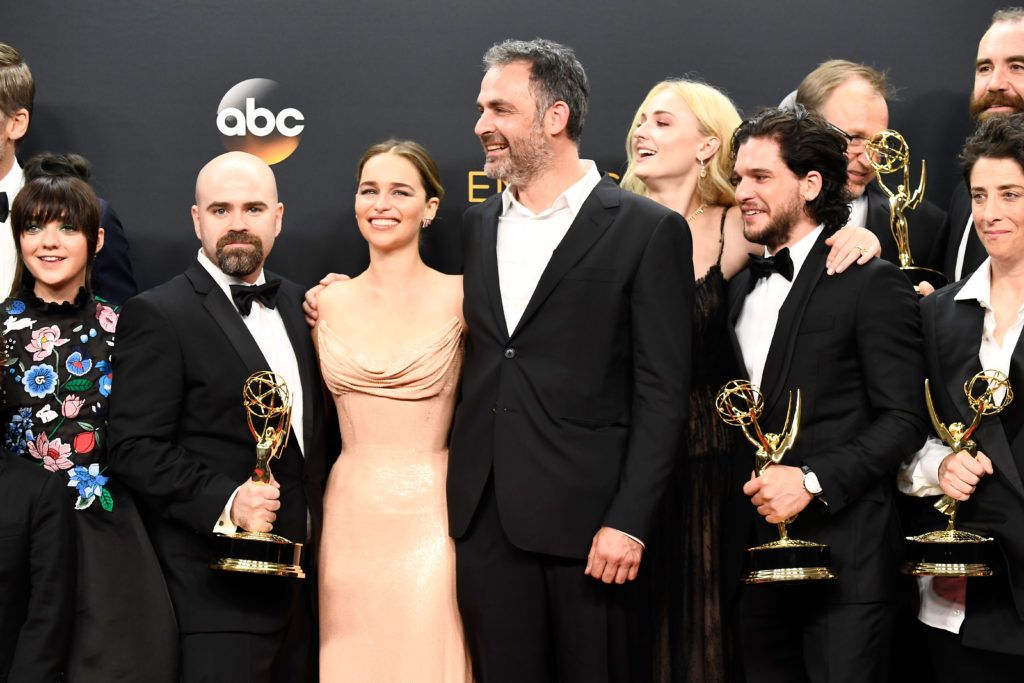 Cast/crew of "Game of Thrones", winners of Best Drama Series, pose in the press room during the 68th Annual Primetime Emmy Awards at Microsoft Theater on September 18, 2016 in Los Angeles, California.  (Photo by Frazer Harrison/Getty Images)