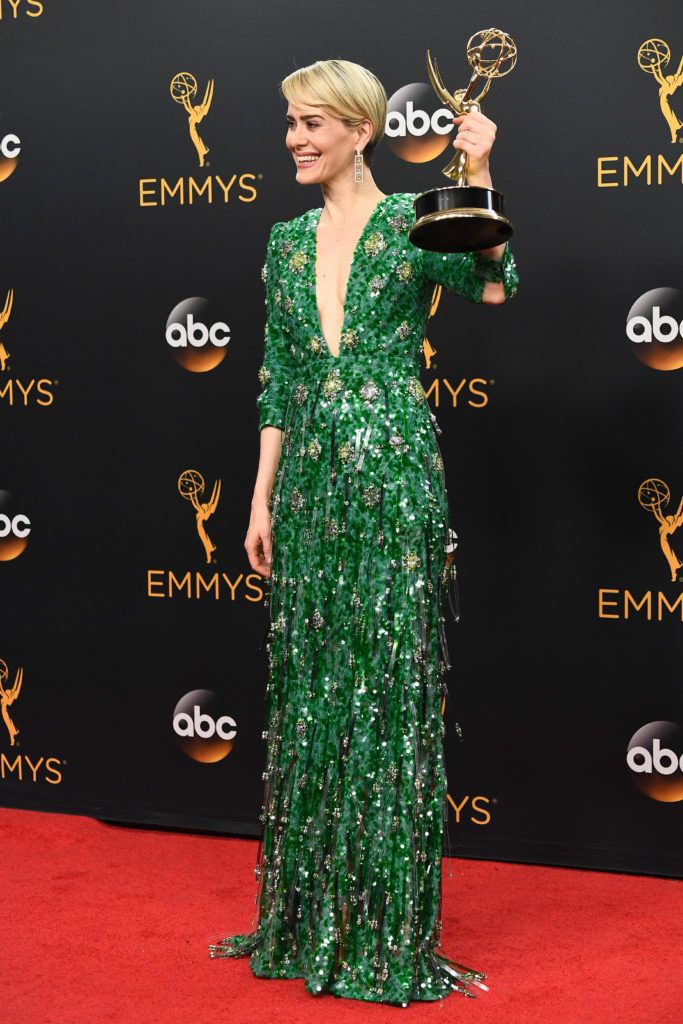LOS ANGELES, CA - SEPTEMBER 18:  Actress Sarah Paulson, winner of Best Actress in a Mini-Series or Movie for The People v. O. J. Simpson: American Crime Story, poses in the press room during the 68th Annual Primetime Emmy Awards at Microsoft Theater on September 18, 2016 in Los Angeles, California.  (Photo by Frazer Harrison/Getty Images)