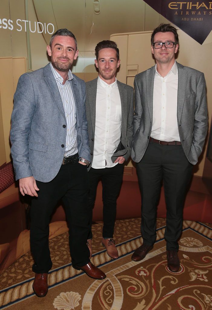 Stephen Duggan, Jay Mulligan and Rob Mccord at the Etihad Airways 21st Annual International Fashion Lunch in aid of the Rape Crisis Centre at the Westin Hotel, Dublin (Pictures: Brian McEvoy).