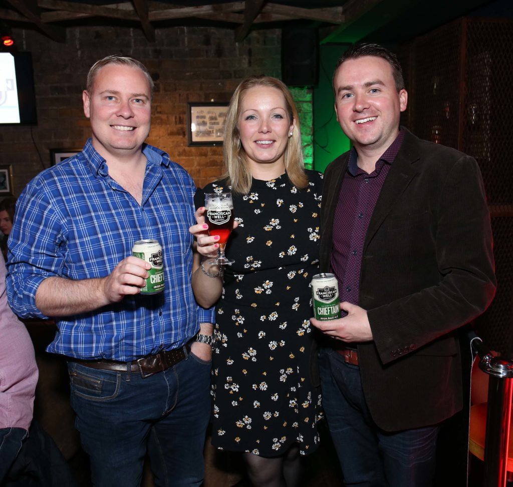 Stephen Brennan with Linda and Craig Butler, pictured at the launch of Franciscan Well Craft Cans Range. Pic. Robbie Reynolds