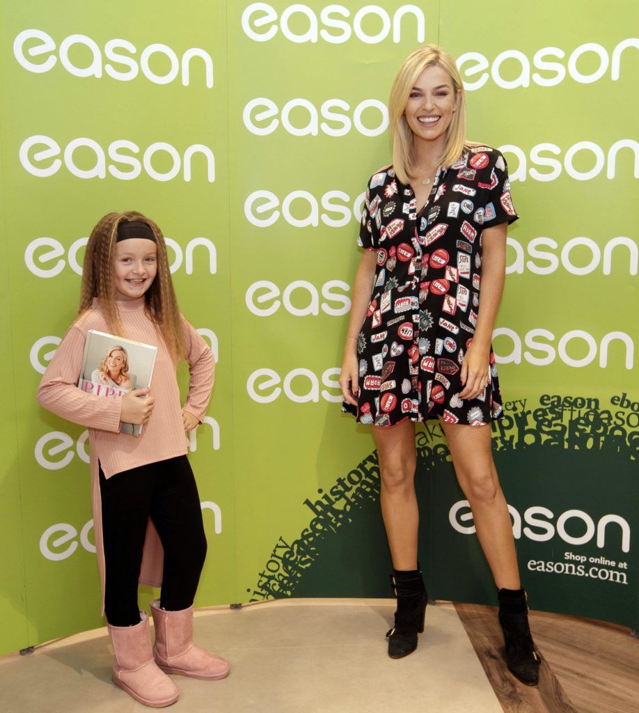 Pippa O’Connor pictured at Eason O’Connell Street where she was signing copies of her first book, Pippa: Simple Tips to Live Beautifully, a collection of practical tips and inspirational advice on all things fashion, beauty and lifestyle. Pippa is pictured with Shannon Howard-Flannagan (8) from Clane. Picture Andres Poveda