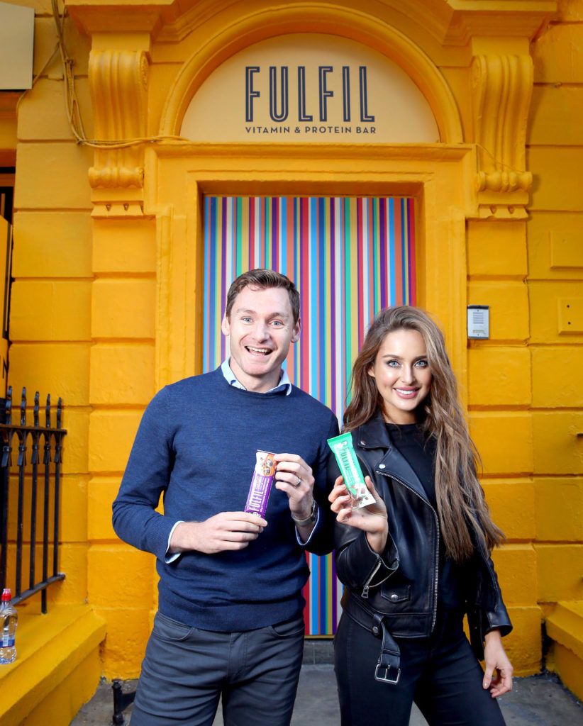Pictured is model and food entrepreneur Roz Purcell and champion athlete and Celebrity Masterchef David Gillick  at the launch of the Fulfil Fan-Created Flavours Pop-Up Shop, which will be open to the general public in Dublin at 53 South William Street, from Thursday 13th to Sunday 16th October. Pic: Marc O'Sullivan