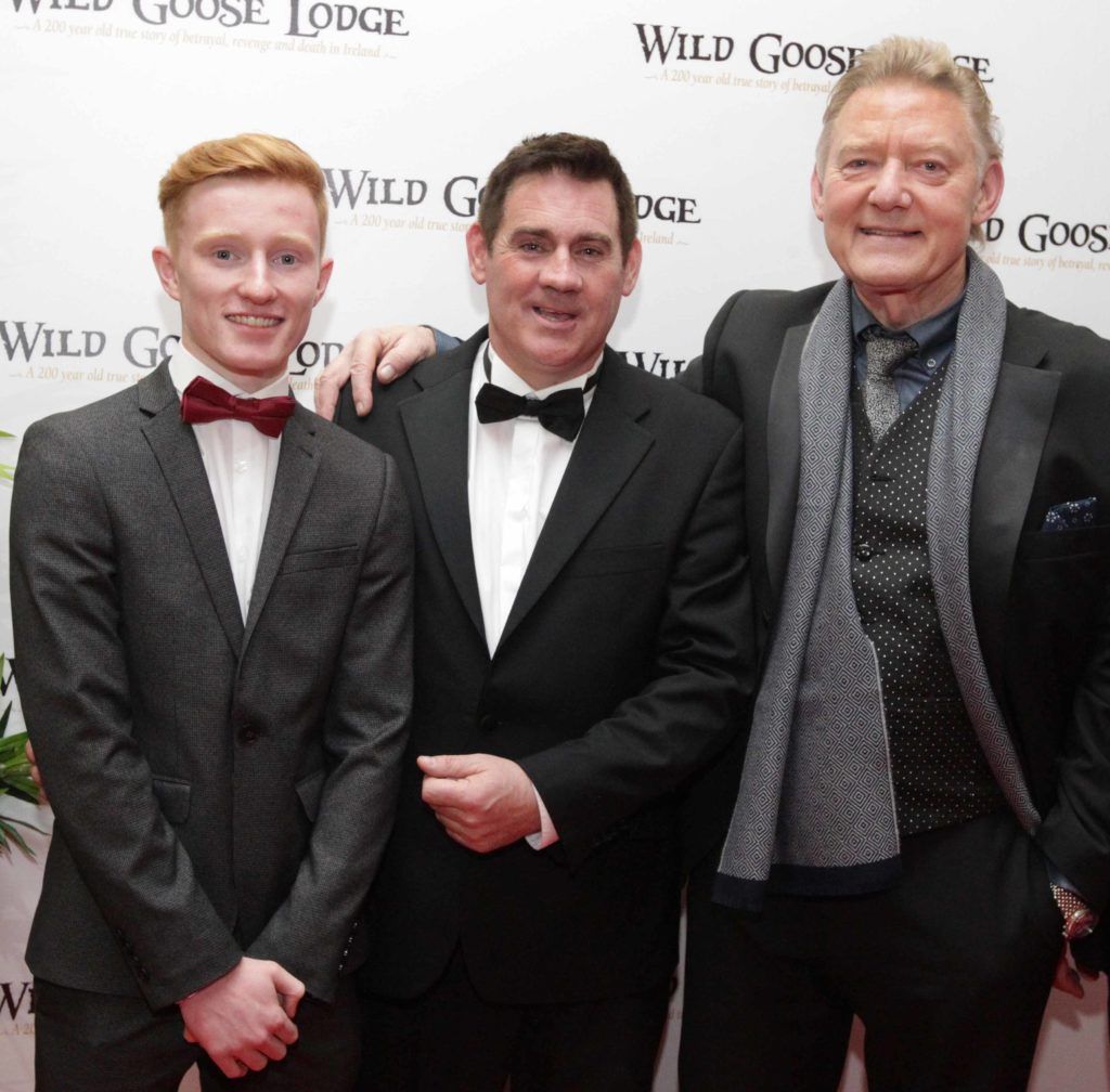 Pictured are, from left,  actor Adam McArdle, director William Martin and actor Dave Duffy at the opening night of the Wild Goose Lodge movie at the Savoy Cinema. Photo: Mark Stedman