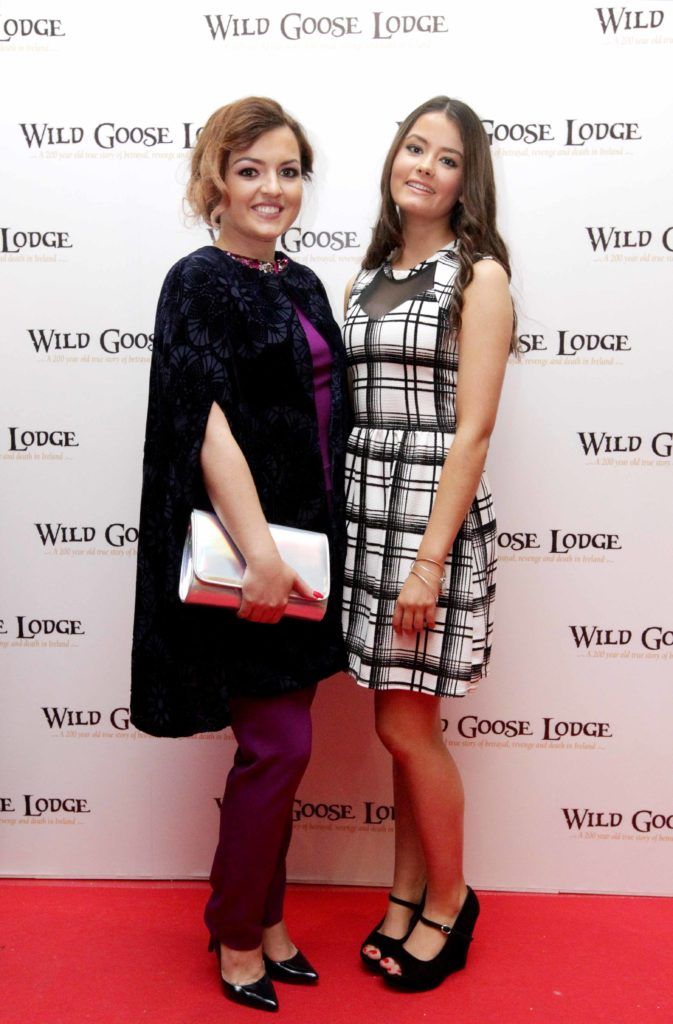 Pictured are Helena Mullins, left, and Leah O’Shaughnessy at the opening night of the Wild Goose Lodge movie at the Savoy Cinema. Photo: Mark Stedman