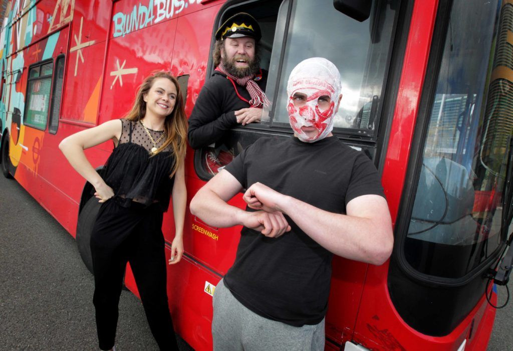 Blind Boy of the Rubberbandits and comedian Joanne McNally are pictured at Bobs Blunder Bus ahead of its trip west to Galway for the Vodafone Comedy Carnival. Photo: Mark Stedman