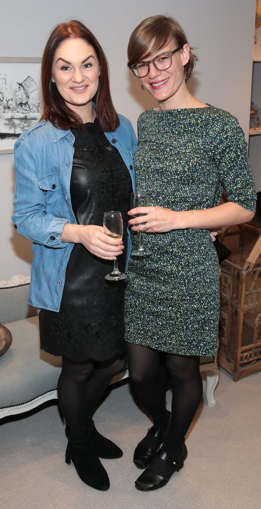 Geraldine O Callaghan and Mary Belanger pictured at the unveil of The Anthony Peto Christmas Hat Collection in South Anne Street, Dublin (Picture: Brian McEvoy)