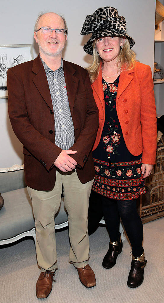 Jim O Hanlon and Noreen O Hanlon pictured at the unveil of The Anthony Peto Christmas Hat Collection in South Anne Street, Dublin (Picture: Brian McEvoy)