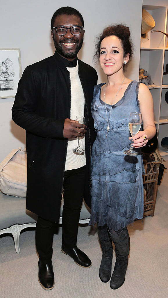 Timmi Ogunyemi and Petra Stelzenmueller pictured at the unveil of The Anthony Peto Christmas Hat Collection in South Anne Street, Dublin (Picture: Brian McEvoy)